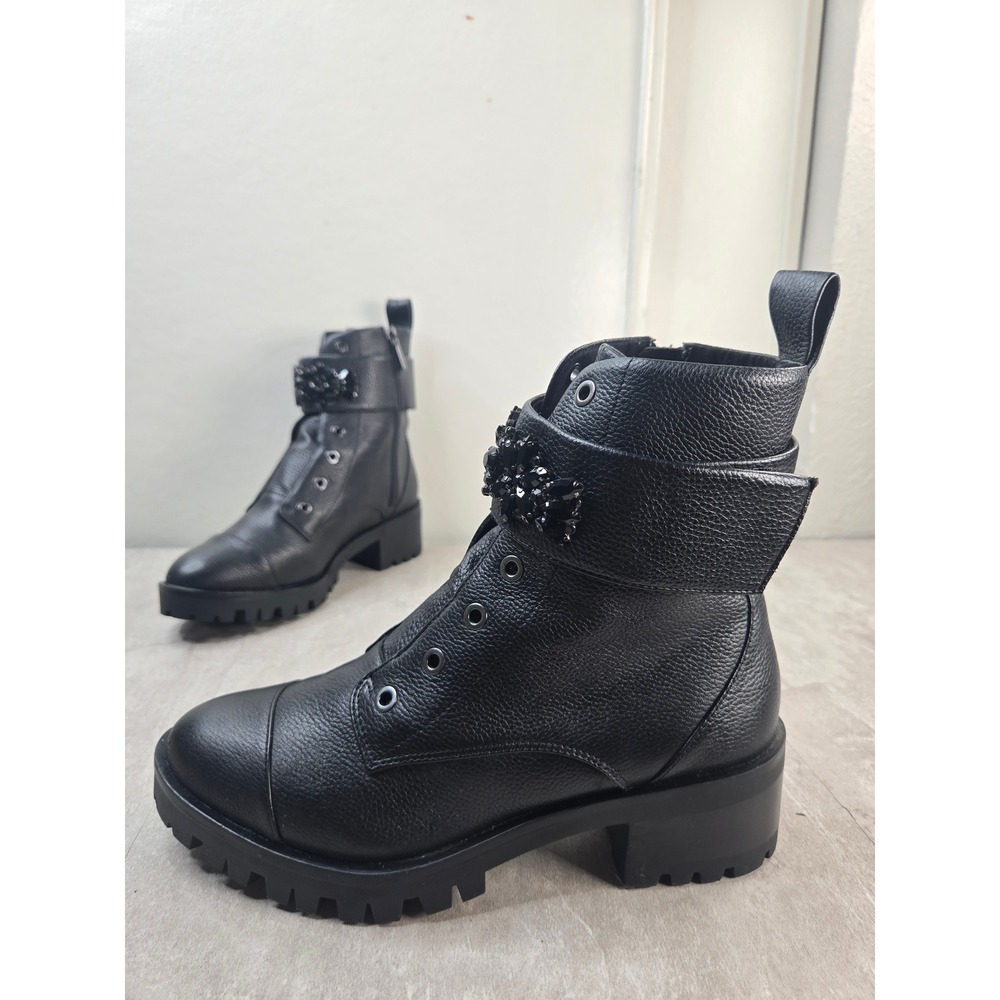 Karl Lagerfeld Crystal Embellished Combat Boots Black Grunge Hiker Lug Booties